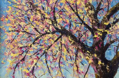 Blooming sakura cherry tree on blue sky paintings monet painting claude impre Ilustração Stock