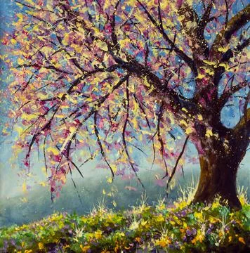 Blooming sakura cherry tree on mountainside paintings monet painting claude i Stock Illustration