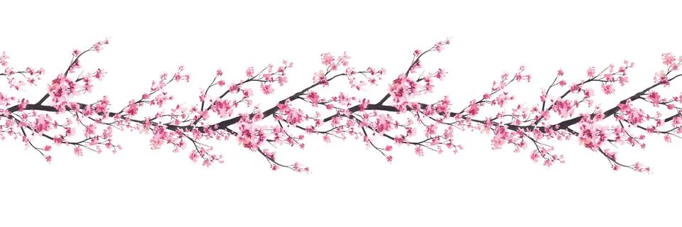 Blooming sakura tree branches seamless border. Cherry blossom hand painted .. Stock Illustration