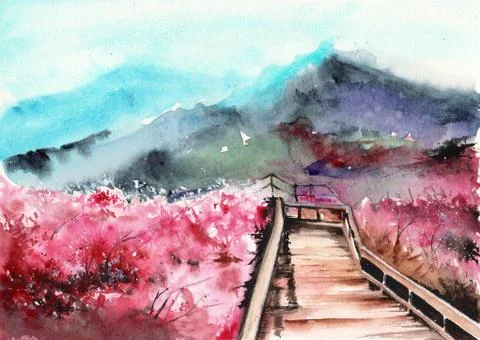 Blooming sakura trees in the mountains Illustrazione stock
