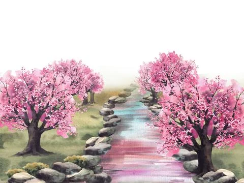 Blooming sakura trees with stone stream creek. Watercolor hand painted Asia.. Ilustração Stock