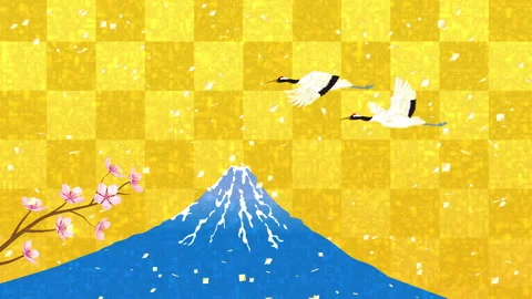 Blooming sakura twig and Two red crowned cranes flying across Mt. Fuji Stock Footage 167398335
