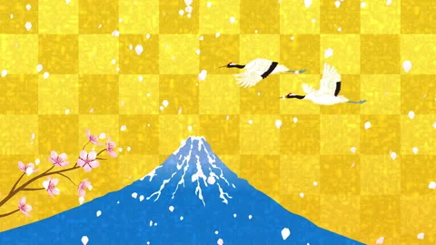 Blooming sakura twig and Two red crowned cranes flying across Mt. Fuji Stock Footage 167398445