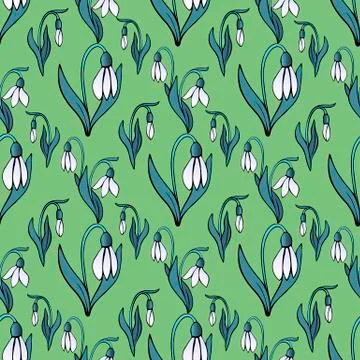 Blooming snowdrops seamless pattern. Floral background doodle style. Vector d Stock Illustration