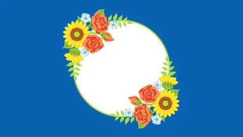 Blooming sunflower decoration frame - circular layout, blue background Stock Footage 242081663