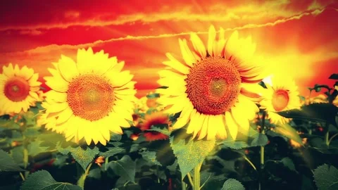 Blooming sunflowers at sunset background Stock Footage 182361357