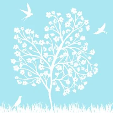 Blooming tree and birds Stock Illustration