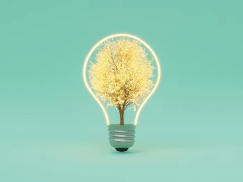 Blooming tree in glowing bulb against green background Stock Photos
