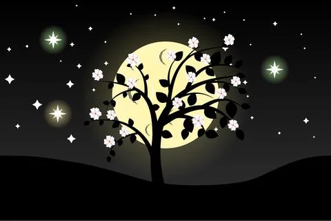 Blooming tree at night against the background of a moon Stock Illustration