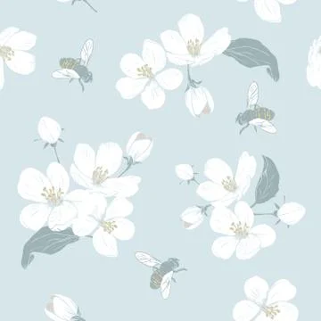 Blooming tree. Seamless pattern with flowers. Spring floral texture. Hand drawn Stock Illustration