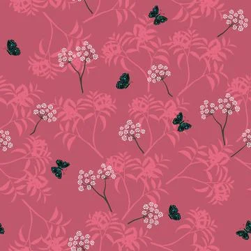 Blooming white floral seamless pattern with butterfly on monotone pink backgr Illustrazione stock
