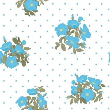 Blooming wild flowers seamless pattern with polka dots on white background in Illustrazione stock
