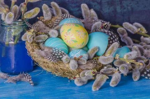 Blooming willow and Easter eggs Stock Photos