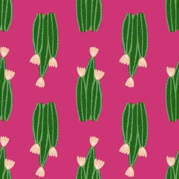 Blossom cactus seamless pattern in doodle style. Geometric cacti wallpaper. Stock Illustration