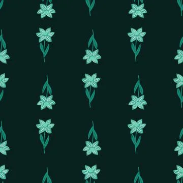 Blossom seamless pattern in dark tones with bright blue simple flower shapes. 스톡 일러스트