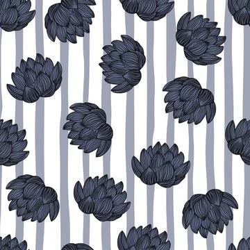 Blossom seamless pattern with random dark purple lotus flower print. Striped  Stock Illustration