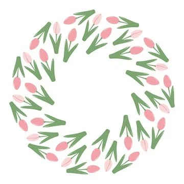 Blossom tulips Circle Frame border in trendy soft pink. Lettering, greeting or Stock-Illustration
