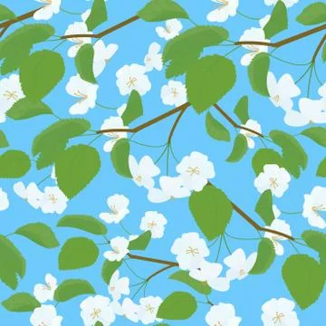 Blossoming Apple Tree spring Twig pattern on blue Stock Illustration