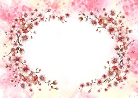 Blossoming branch from cherry tree Spring banner template on watercolor painted Stock Illustration