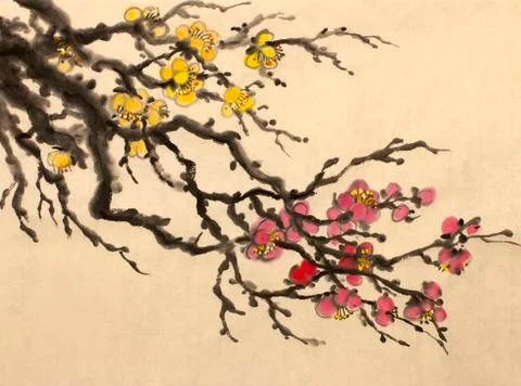 Blossoming branch of plum Stock Illustration