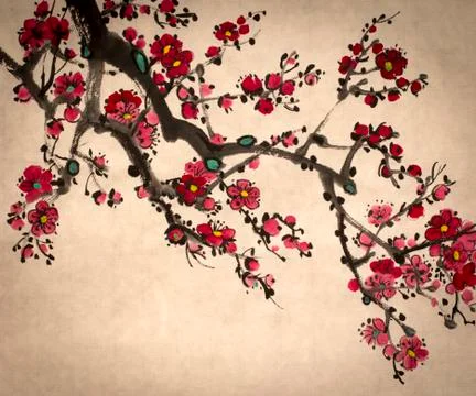 Blossoming branch of plum Stock Illustration