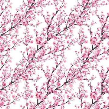 Blossoming branch from tree, sakura, cherry or apple buds and flowers seaml.. Stock Illustration