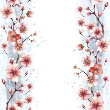 A blossoming branch from a tree, spring sakura, cherry, apple seamless frame Stock-Illustration