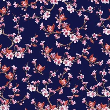 Blossoming branches of Japanese cherry pattern on dark blue background Stock Illustration