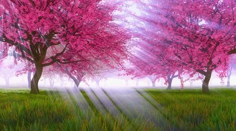 Blossoming pink sakura cherry trees in sunlight 3D Stock Illustration