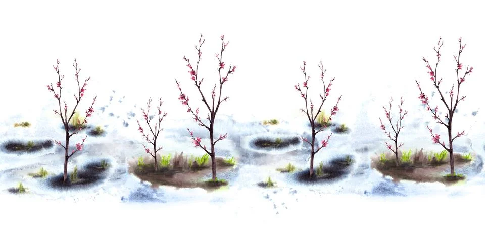 Blossoming spring trees, sakura, cherry, melting snow seamless border Stock Illustration