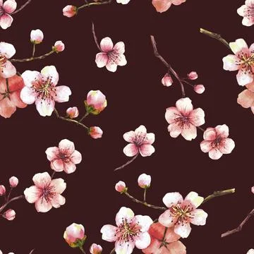 Blossoming tree branch spring time sakura cherry flowers buds seamless pattern Illustrazione stock
