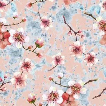 Blossoming tree branch spring time sakura cherry flowers buds seamless pattern Stock Illustration