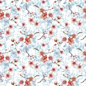 Blossoming tree branch spring time sakura cherry flowers buds seamless pattern Stock Illustration