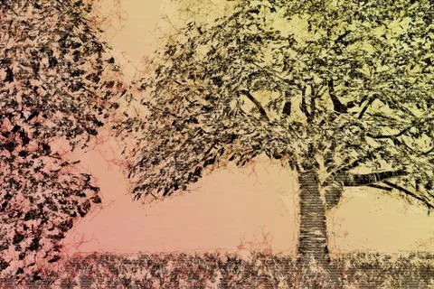 Blossoming Trees in Spring Bloom Garden Surreal Abstract Art Illustration Stock Illustration