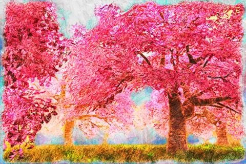 Blossoming Trees in Spring Bloom Garden Handdraw Art Illustration Stock Illustration