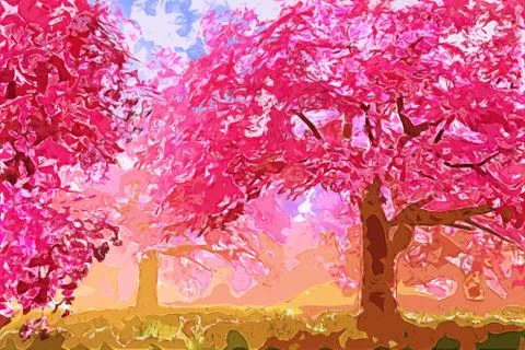 Blossoming Trees in Spring Bloom Garden Lowpoly Art Illustration Stock Illustration