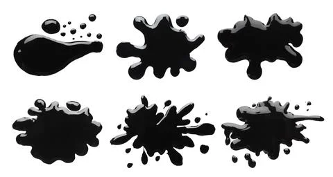 Blots of black printer ink on white background, set. Top view Stock Photos