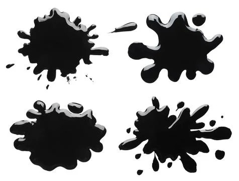 Blots of black printer ink on white background, set. Top view Stock Photos