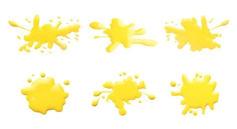 Blots of yellow printer ink on white background, set. Top view Stock Photos