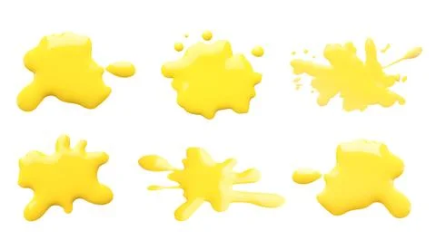 Blots of yellow printer ink on white background, set. Top view Stock Photos