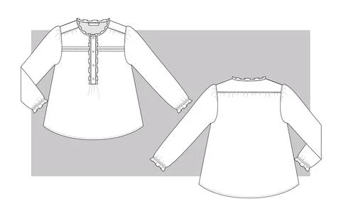 Blouse with openwork panels, long Puffed sleeves and ruffles Illustrazione stock