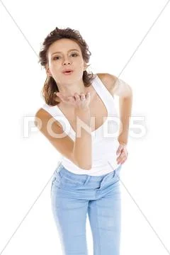 Blow kiss, young caucasian brunette woman Stock Photos