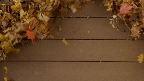 Blower clearing fallen Autumn leaves from a composite deck. Stock Footage 116727604