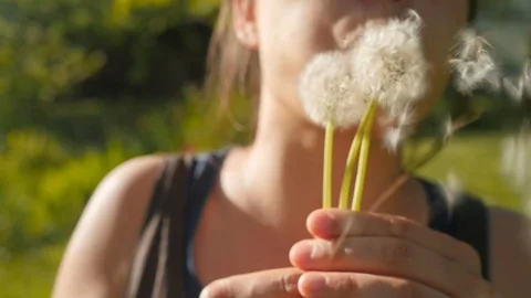 Blowing dandelion on camera slow motion Stock Footage 89789675
