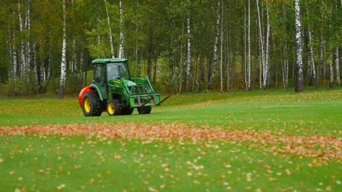 Blowing off fallen leaves from a garden path. man uses a blower a vacuum cleaner Stock Footage 197863214