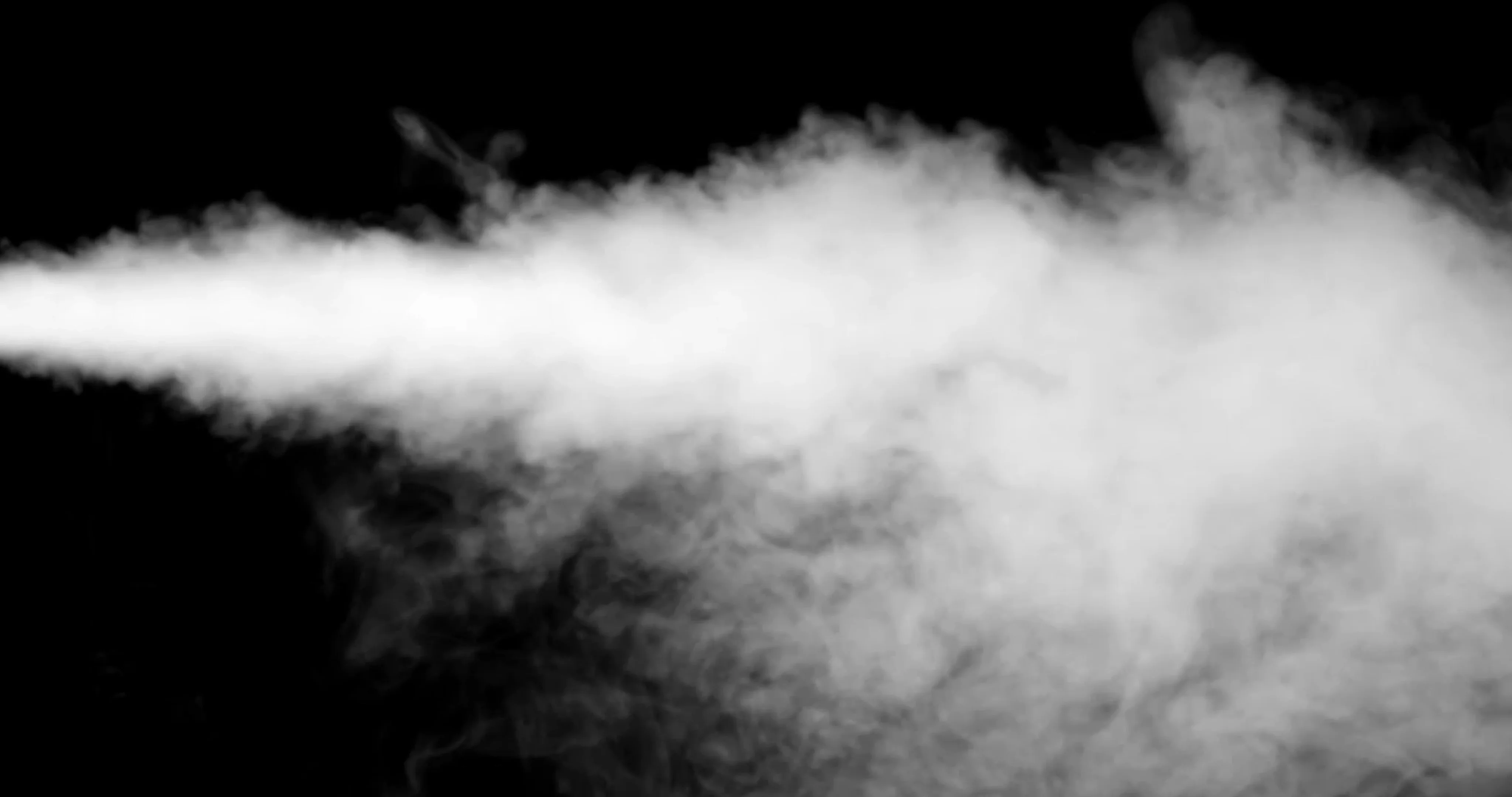 White horizontal steam, smoke isolated on black background. a