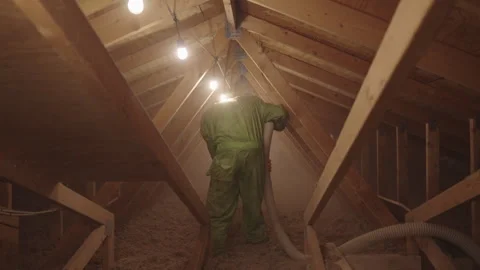 Blowing in Loose Cellulose Insulation in to Home Attic Weatherization Stock Footage 340923561