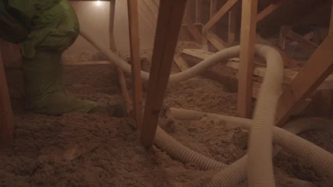 Blowing in Loose Cellulose Insulation in to Home Attic Weatherization Stock Footage 340923587