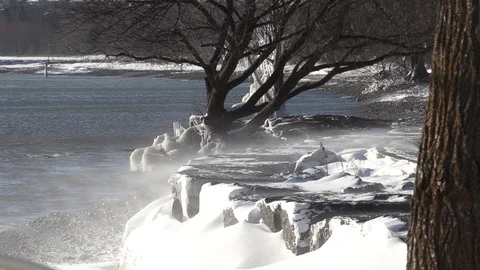 Blowing snow wind and severe cold weather by the lake at Toronto Stock Footage 101507845