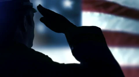 Blowing USA Flag, Solemn Hand Salute, United States Military Officer Veteran Stock Footage